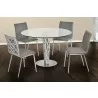 Crystal 48" Round Dining Table in Gray Walnut Veneer Column and Brushed Stainless Steel finish with Clear Tempered Glass Top - Lifestyle Set - Crystal 48" Round Dining Table in Gray Walnut Veneer Column and Brushed Stainless Steel finish with Clear Tempered Glass Top - Lifestyle Set