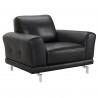 Armen Living Everly Contemporary Chair in Genuine Black Leather with Brushed Stainless Steel Legs - Angled