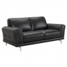 Armen Living Everly Contemporary Loveseat in Genuine Black Leather with Brushed Stainless Steel Legs - Angled