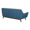 Janson Mid-Century Sofa in Champagne Wood Finish and Blue Fabric - Back Angled