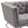 Odyssey Sofa Chair in Brushed Stainless Steel finish with Grey Tweed and Black Nail Heads - Arm Close-Up
