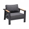 Armen Living Palau Outdoor Chair in Dark Grey with Natural Teak Wood Accent and Cushions Side Angle View
