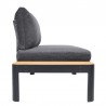 Armen Living Portals Outdoor Sofa in Black Finish with Natural Teak Wood Accent and Grey Cushions Side 