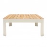 Armen Living Portals Outdoor Square Coffee Table in Light Matte Sand Finish with Natural Teak Wood Top- Front
