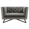 Regis Contemporary Chair in Grey Fabric with Black Metal Finish Legs and Antique Brown Nailhead Accents - Front
