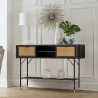 Armen Living Saratoga Console Table in Black Acacia with Rattan