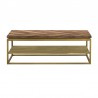 Armen Living Faye Rustic Brown Wood Coffee Table with Shelf and Antique Brass Metal Base Front