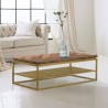 Armen Living Faye Rustic Brown Wood Coffee Table with Shelf and Antique Brass Metal Base