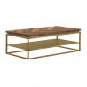 Armen Living Faye Rustic Brown Wood Coffee Table with Shelf and Antique Brass Metal Base Side