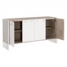 Essentials For Living Lorin Shagreen Media Sideboard - Pearl Shagreen, Natural Gray Acacia, Lucite, Brushed Silver - Front Left Side Opened Angle