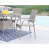 Manhattan Comfort Genoa 7-Piece Steel Rectangle Glass Top Outdoor Dining Table and 6 Armchairs without cushions in Nature Tan Weave