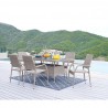 Manhattan Comfort Genoa 7-Piece Steel Rectangle Glass Top Outdoor Dining Table and 6 Armchairs without cushions in Nature Tan Weave Full Set