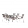 Manhattan Comfort Genoa 7-Piece Steel Rectangle Glass Top Outdoor Dining Table and 6 Armchairs without cushions in Nature Tan Weave