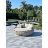 Outsy Anna 67 Inch Outdoor Wicker Aluminum Frame Round Sun Lounger in White and Grey - Angled Lifestyle 2