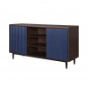 Manhattan Comfort Duane 59.05 Modern Ribbed Sideboard with Adjustable Shelves in Dark Brown And Blue Open
