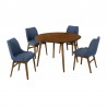 Armen Living Arcadia and Azalea 48" Round and Walnut Wood 5 Piece Dining Set - Blue Set