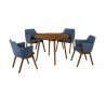 Armen Living Arcadia and Renzo Round and Walnut Wood 5 Piece Dining Set- Blue