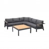 Armen Living Palau 4 Piece Outdoor Sectional Set with Cushions in Dark Grey and Natural Teak Wood Accent- Set