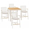 Armen Living Portals 5 Piece Outdoor Patio Aluminum Bar Set with Natural Teak wood Accent Top in Light Matte Sand Finish Set