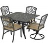 2 armless dining chairs, 2 dining swivel rockers and a 44" Dynasty series square dining table