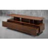 Furnitech 70” Mid-Century Modern TV Stand Media Console for Flat Screen and Audio Video Installations with a cognac finish over Brazilian cherry veneers and solid black cherry wood legs - Front Side Opened Angle