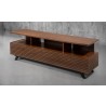 Furnitech 70” Mid-Century Modern TV Stand Media Console for Flat Screen and Audio Video Installations with a cognac finish over Brazilian cherry veneers and solid black cherry wood legs - Front Side Angle