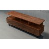 Furnitech 70” Mid-Century Modern TV Stand Media Console for Flat Screen and Audio Video Installations with a cognac finish over Brazilian cherry veneers and solid black cherry wood legs - Front Side Top Angle