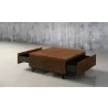 Furnitech 48” Mid-Century Modern Coffee Table in a Cognac Finish over Brazilian Cherry Wood Veneers and Solid Black Cherry Wood Legs - Front Side Opened Angle - Furnitech 48” Mid-Century Modern Coffee Table in a Cognac Finish over Brazilian Cherry Wood Veneers and Solid Black Cherry Wood Legs - Front Side Opened Angle