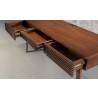 Furnitech 66" Mid - Century Modern Writing Desk with a cognac finish over Brazilian cherry veneers; solid Brazilian cherry wood legs - Closeup Top Side Opened Angle