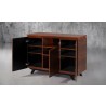 Furnitech 47" Mid - Century Modern media, gaming, storage dresser in exotic Iron Wood featuring solid cherry wood solid black cherry wood legs - Front Side Opened Angle
