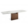 Olivia Dining Table In White Marbled Porcelain Top On Glass With Walnut Veneer Base - Angled Extended