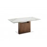 Olivia Dining Table In White Marbled Porcelain Top On Glass With Walnut Veneer Base - Angled Unextednded