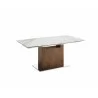 Olivia Dining Table In White Marbled Porcelain Top On Glass With Walnut Veneer Base - Angled Unextednded - Olivia Dining Table In White Marbled Porcelain Top On Glass With Walnut Veneer Base - Angled Unextednded