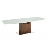 Olivia Dining Table In White Glass With Walnut Veneer Base - Angled Extended