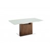 Olivia Dining Table In White Glass With Walnut Veneer Base - Angled Unextended