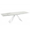 Stanza Dining Table In White Marbled Porcelain Top On Glass With Polished Stainless Steel Base - Angled Extended