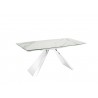Stanza Dining Table In White Marbled Porcelain Top On Glass With Polished Stainless Steel Base - Angled