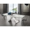 Stanza Dining Table In White Marbled Porcelain Top On Glass With Polished Stainless Steel Base - Lifestyle