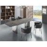 Casabianca ALLEGRIA Dining Table In Brown Marbled Porcelain Top On Glass With Polished Stainless Steel Base - Lifestyle