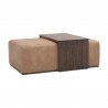 Essentials For Living Dovetail Upholstered Coffee Table in Ivanhoe Toast, Burnished Brown Acacia - Front Side Angle