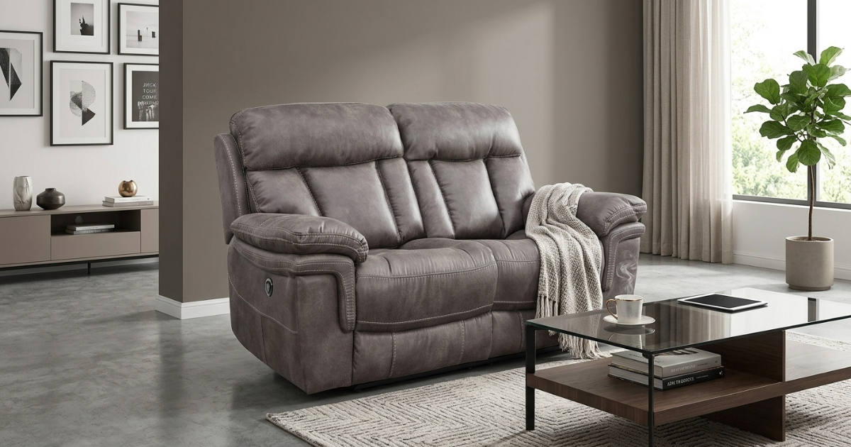 Gray power reclining loveseat with padded arms and cushions in a modern living room