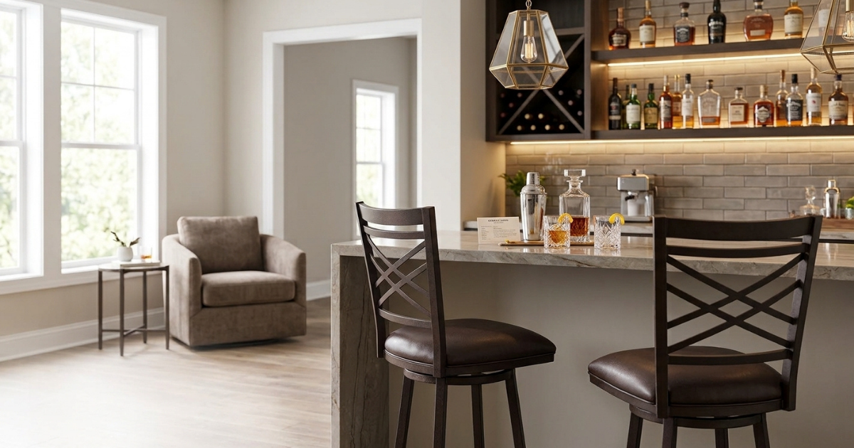 Two Armen Living Fargo barstools with crossback design and brown PU upholstered seats, shown at a kitchen bar counter with a stocked bar and pendant lighting in the background.