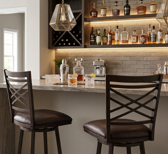 Armen Living Fargo Barstool in Auburn Bay Brown PU – Home Bar Setting Two Armen Living Fargo barstools with crossback design and brown PU upholstered seats, shown at a kitchen bar counter with a stocked bar and pendant lighting in the background.
