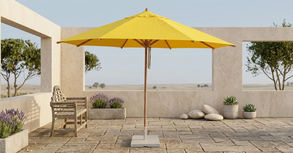Bambrella Levante 4.0m Round Umbrella – Bright Yellow Shade on Stone Patio The Bambrella Levante 4.0m round umbrella in vibrant yellow, mounted on a wood pole with a square weighted base, providing wide shade over a stone patio next to a teak bench and potted succulents.