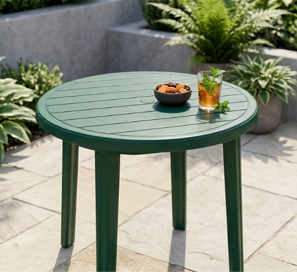 Compamia Ronda Resin Round Dining Table – Green Outdoor Patio Table Compamia Ronda Resin Round Dining Table in green, shown on a stone patio with a bowl of fruit and an iced drink on top, surrounded by lush garden planters.