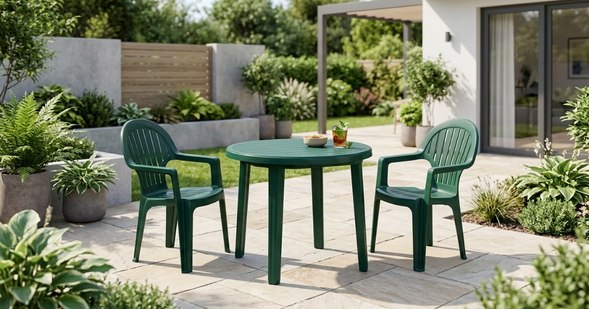 Compamia Ronda Resin Round Dining Table – Green Table with Stacking Chairs Compamia Ronda Resin Round Dining Table paired with two matching green resin armchairs on a backyard patio, set near a pergola and garden beds.