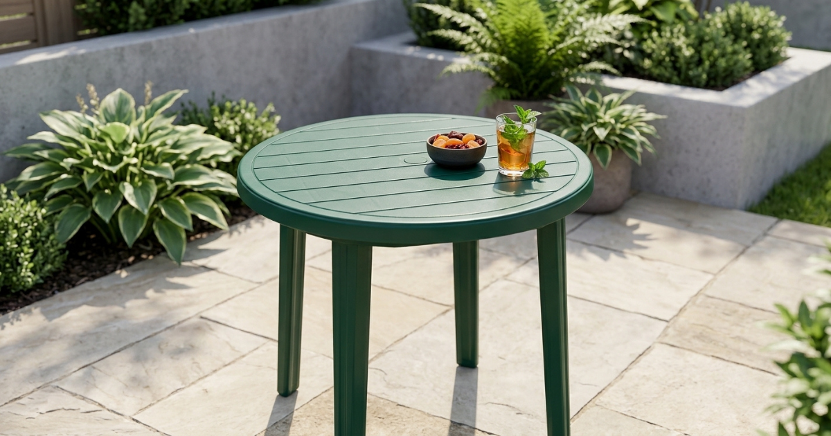 Compamia Ronda Resin Round Dining Table in green, shown on a stone patio with a bowl of fruit and an iced drink on top, surrounded by lush garden planters.