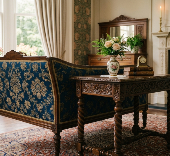 Victorian-Style Side Table A Victorian-Style Side Table in a classic victorian themed living room and a pair sofa.