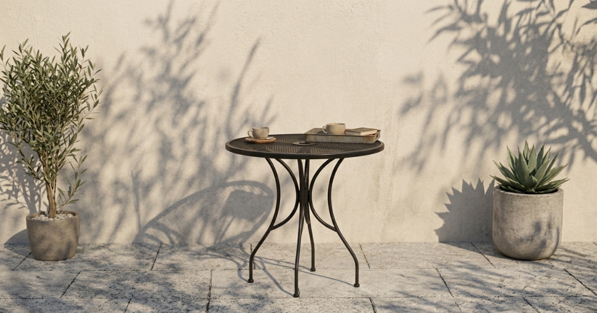 H&D Seating round wrought iron mesh top table with base Clean, well-lit shot of the table alone, ideally the angle used on the product page, so it visually ties back to the listing.