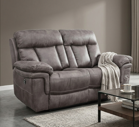Armen Living Estelle Power Reclining Loveseat in Gunmetal Fabric The Armen Living Estelle Power Loveseat shown in a modern living room, featuring plush gunmetal fabric upholstery and a power recline mechanism.